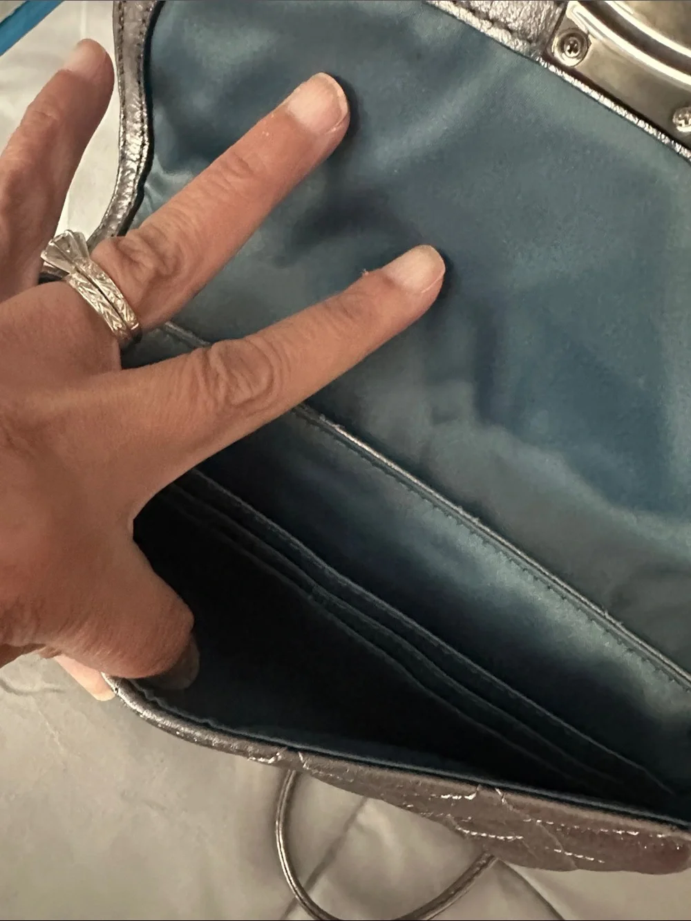 Coach Metallic Silver Quilted Flap Crossbody